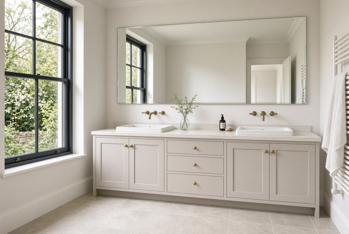 Bright bathroom with a large frameless mirror above a double vanity