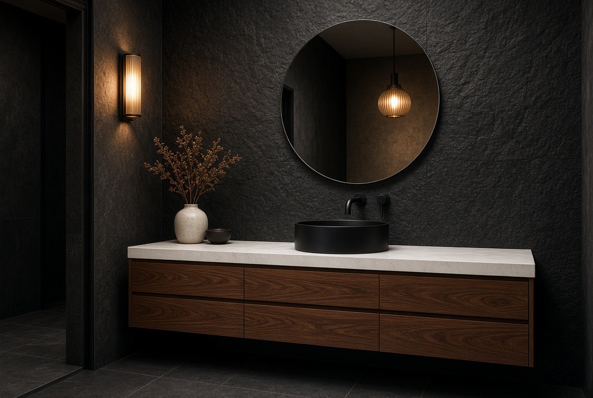 Dark stone bathroom with a round mirror above a floating walnut vanity