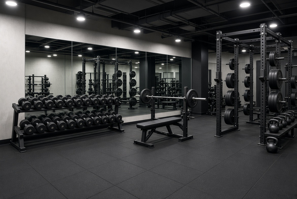 Gym free-weights area with a full-width mirror wall behind the dumbbell racks