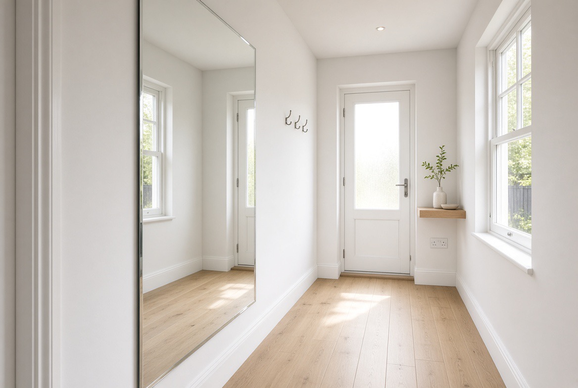 Bright hallway with a tall frameless mirror on the wall beside oak flooring